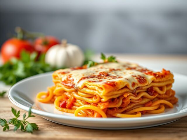 Groentenlasagna met kaas-tomatenkorstje — AI-gegenereerde illustratie