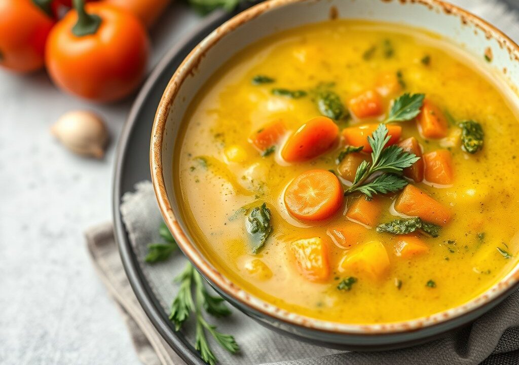Groentesoep met pesto — AI-gegenereerde illustratie