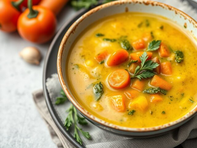 Groentesoep met pesto — AI-gegenereerde illustratie