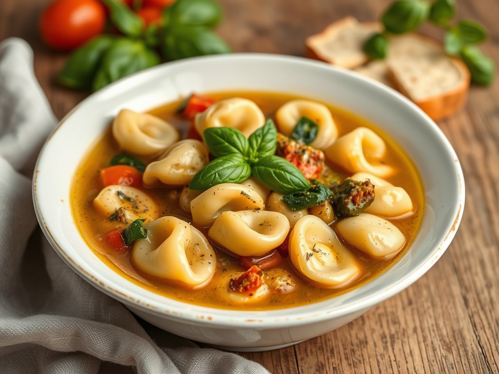 Groentesoep met tortellini, AI-gegenereerde illustratie