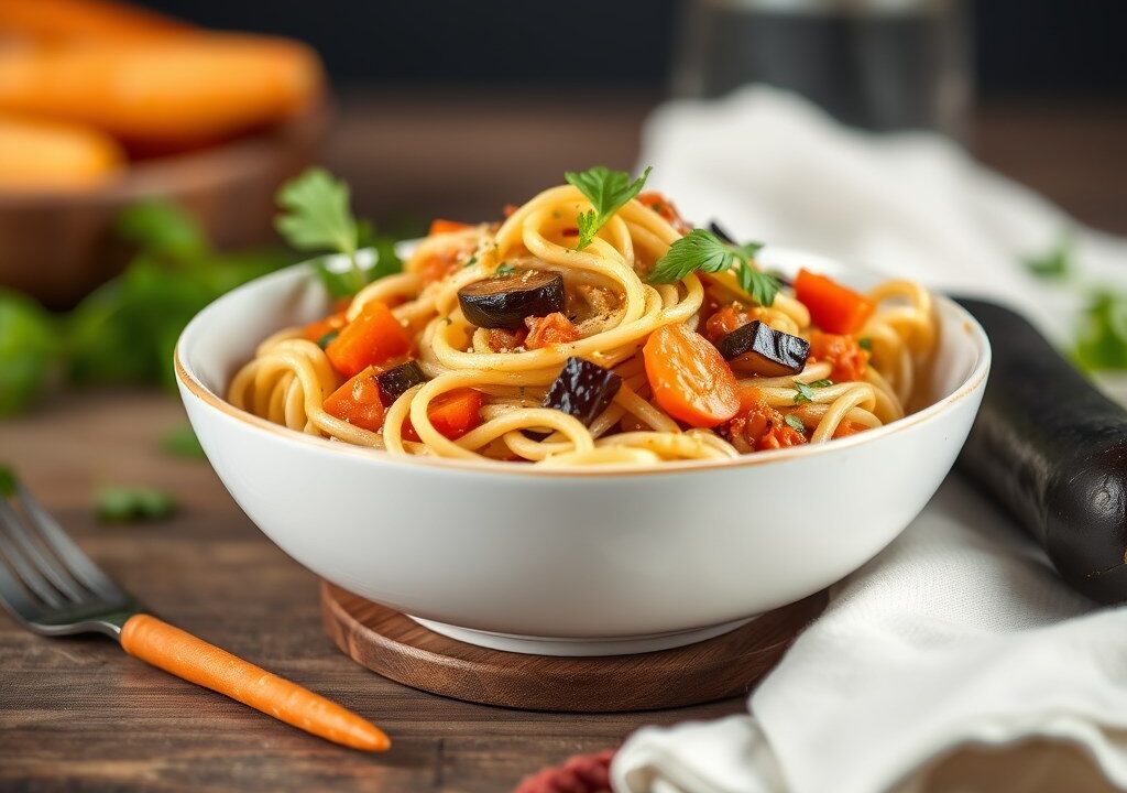 Groentespaghetti en auberginesaus — AI-gegenereerde illustratie