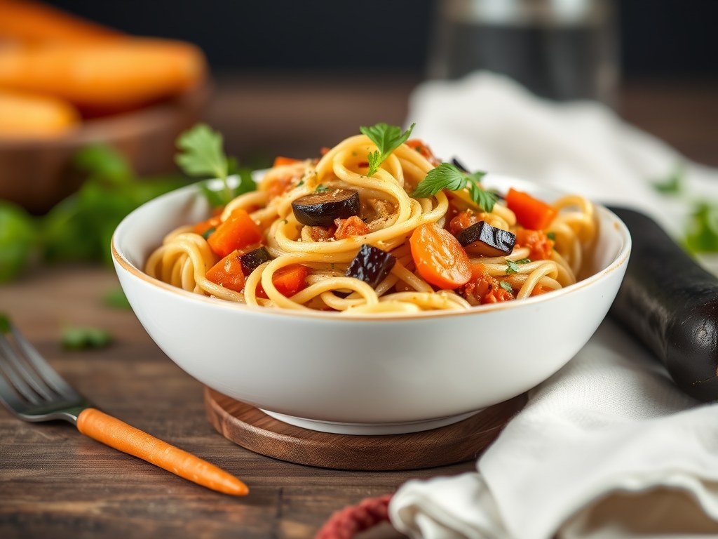 Groentespaghetti en auberginesaus, AI-gegenereerde illustratie