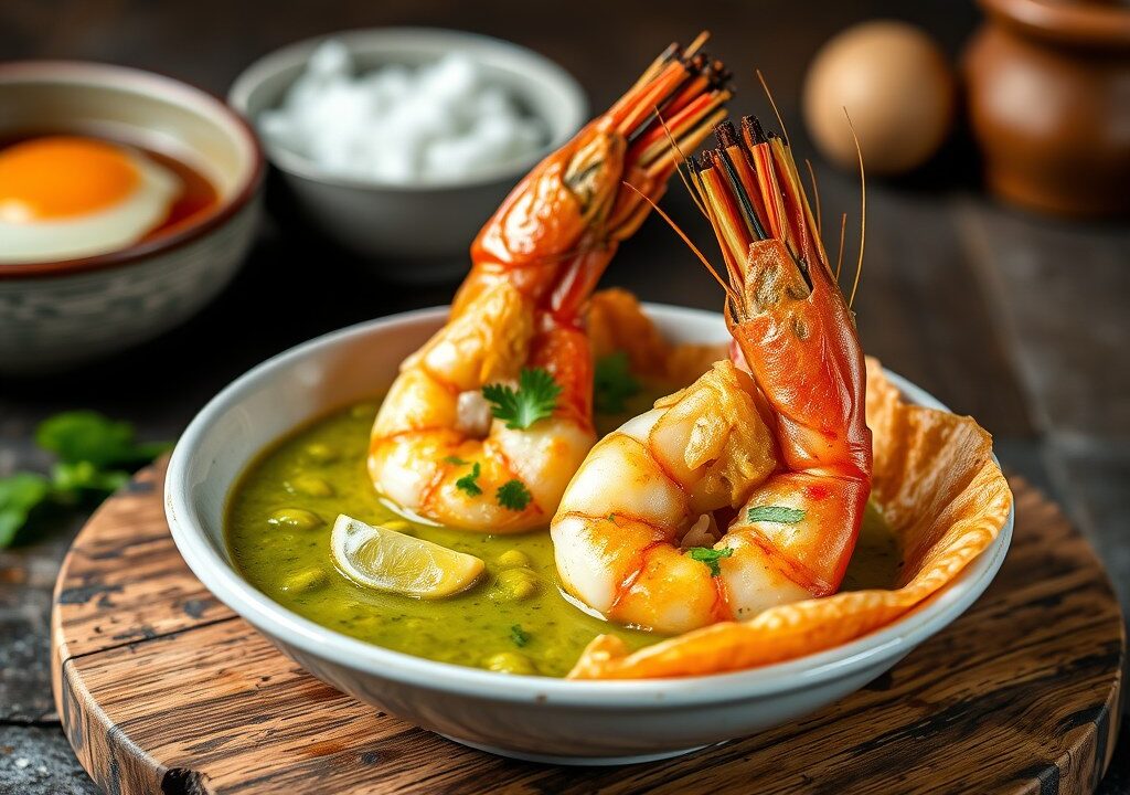 Grote garnalen in een krokant korstje met groene curry — AI-gegenereerde illustratie