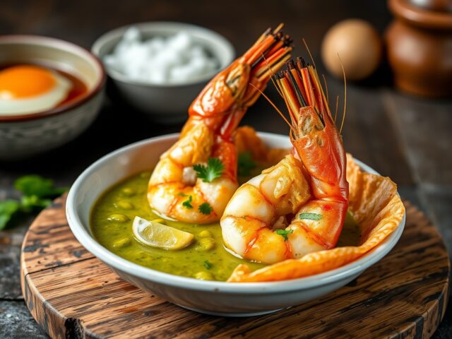 Grote garnalen in een krokant korstje met groene curry — AI-gegenereerde illustratie