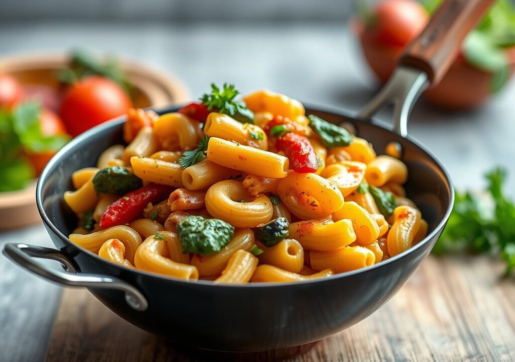 Gyrosreepjes met Toscaanse groente en macaroni — AI-gegenereerde illustratie