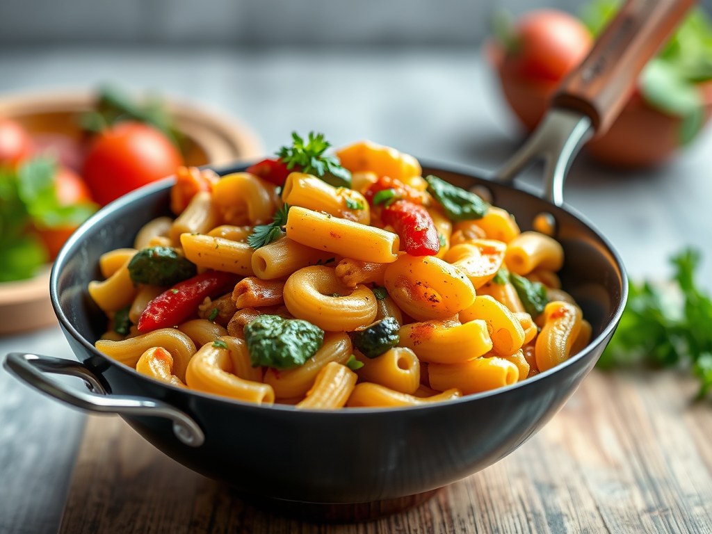 Gyrosreepjes met Toscaanse groente en macaroni, AI-gegenereerde illustratie