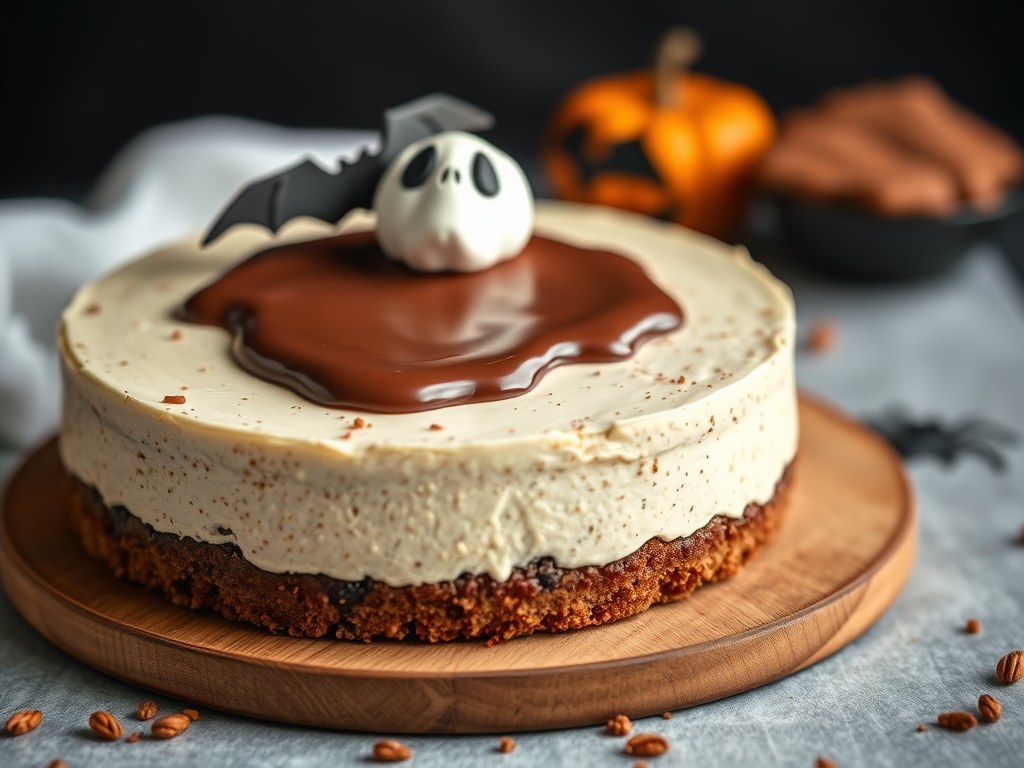 Halloween recept voor spooky Nutella cheesecake, AI-gegenereerde illustratie