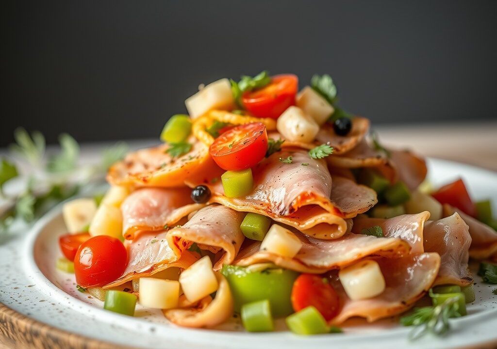 Ham-Kaas-Vruchten Salade, AI-gegenereerde illustratie