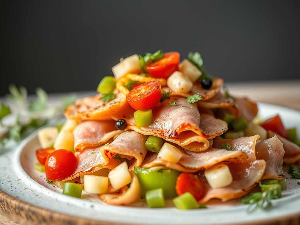 Ham-Kaas-Vruchten Salade, AI-gegenereerde illustratie
