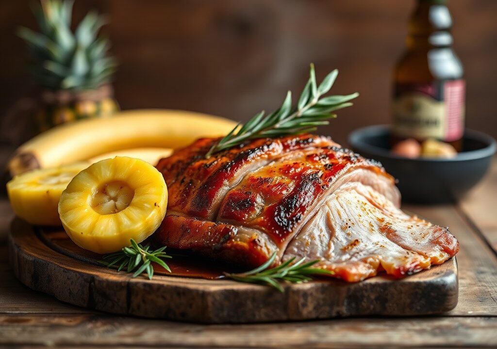 Ham met ananas op de bbq, AI-gegenereerde illustratie