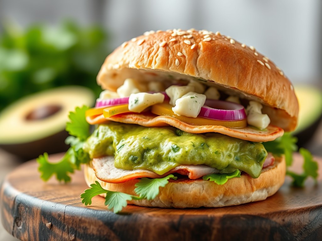 Hamburger met avocadosalsa en gorgonzola, AI-gegenereerde illustratie
