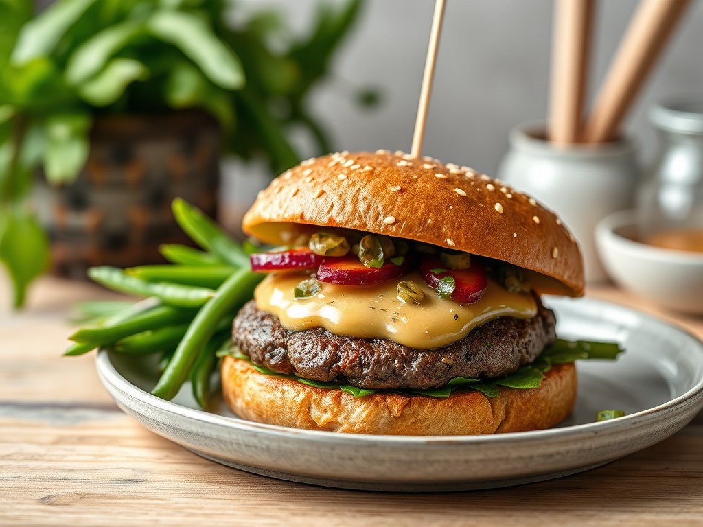 Hamburgers met kruidige krieltjessalade en sperziebonen, AI-gegenereerde illustratie
