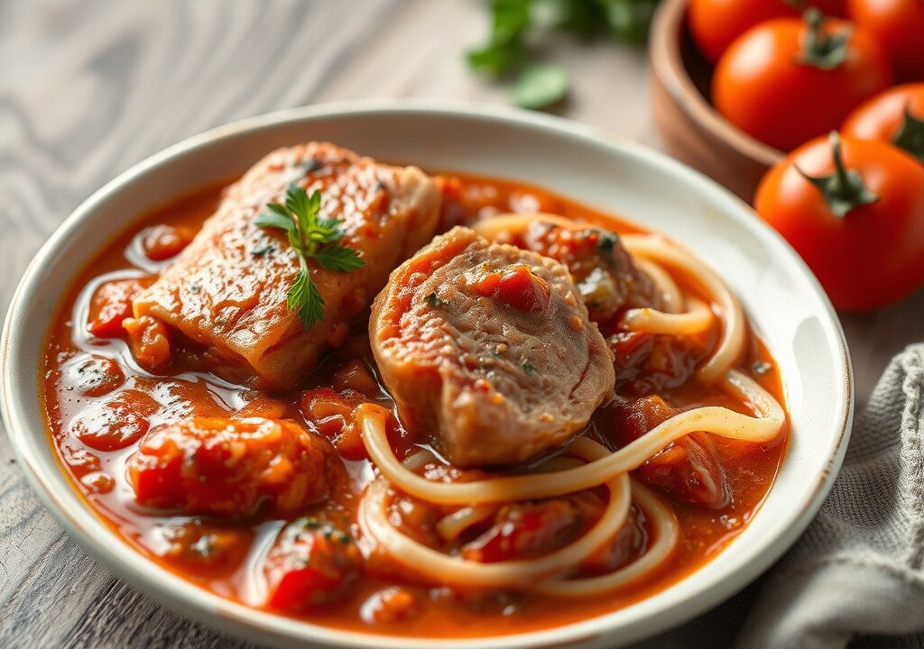 Hamlappen in tomatensaus — AI-gegenereerde illustratie