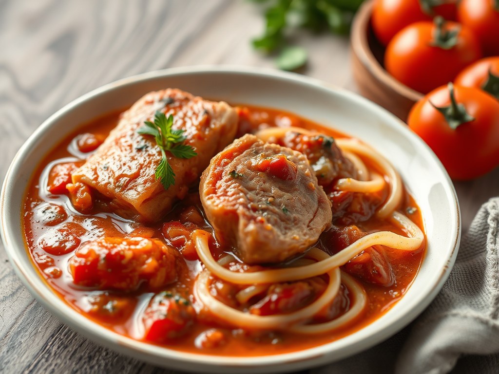Hamlappen in tomatensaus, AI-gegenereerde illustratie