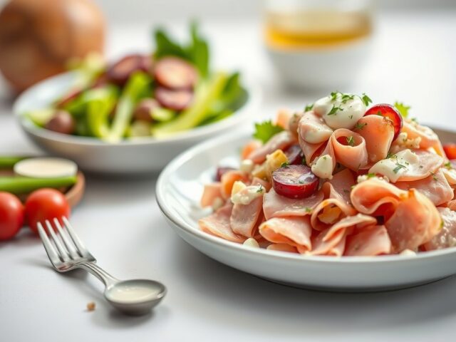 Hamsalade met asperges in kaaskorstje — AI-gegenereerde illustratie