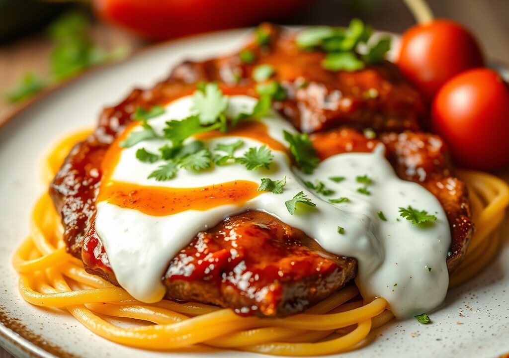 Harissasteaks met chili-yoghurtsaus, AI-gegenereerde illustratie