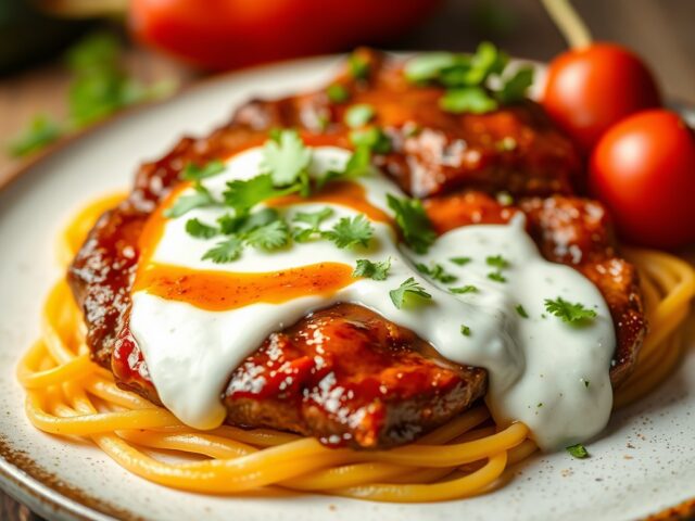 Harissasteaks met chili-yoghurtsaus — AI-gegenereerde illustratie