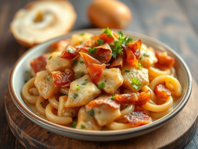 Hartig slaatje met Chaumes, pancetta en knoflookcroûtons — AI-gegenereerde illustratie
