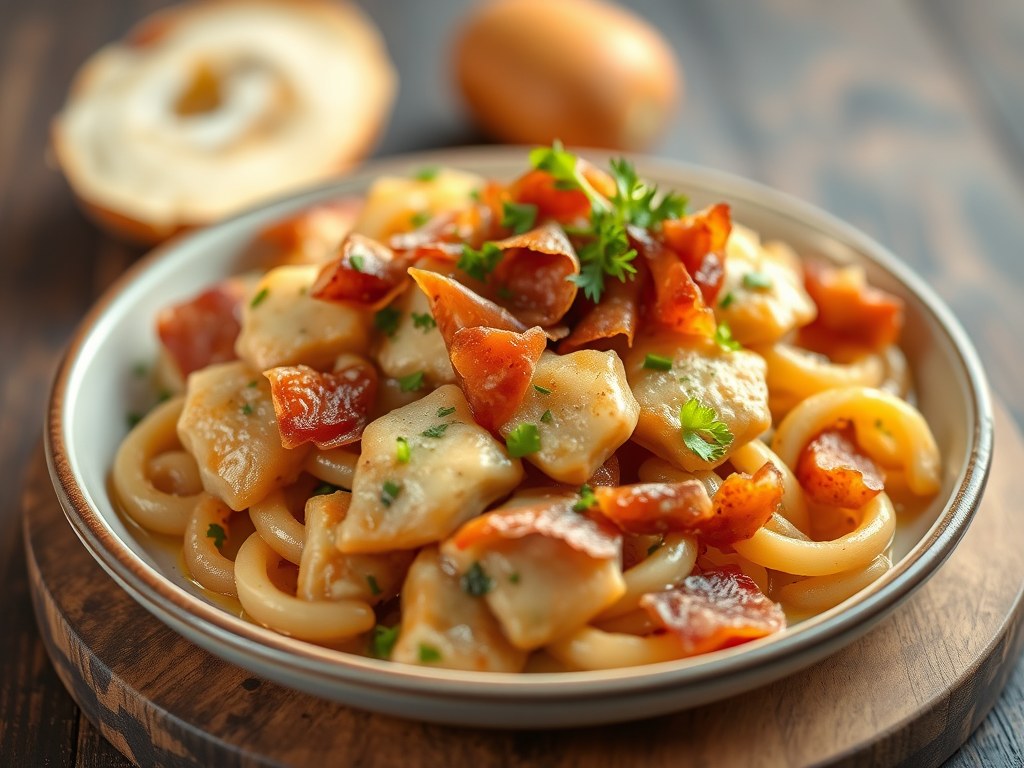 Hartig slaatje met Chaumes, pancetta en knoflookcroûtons, AI-gegenereerde illustratie