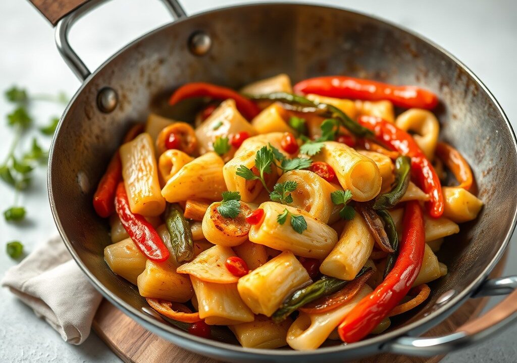 Hartige pannenkoeken met roerbakgroenten en chilidressing — AI-gegenereerde illustratie