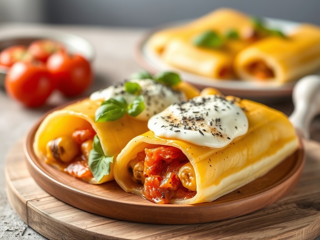 Hartige pannenkoeken met zongedroogde tomaatjes, AI-gegenereerde illustratie