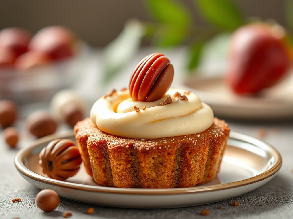 Hazelnoot minicake met peer, AI-gegenereerde illustratie