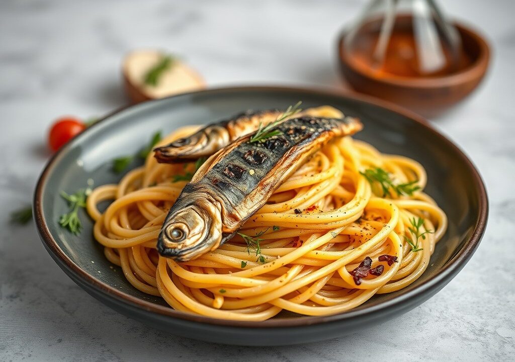 Heerlijke pasta met gegrilde sardines, AI-gegenereerde illustratie