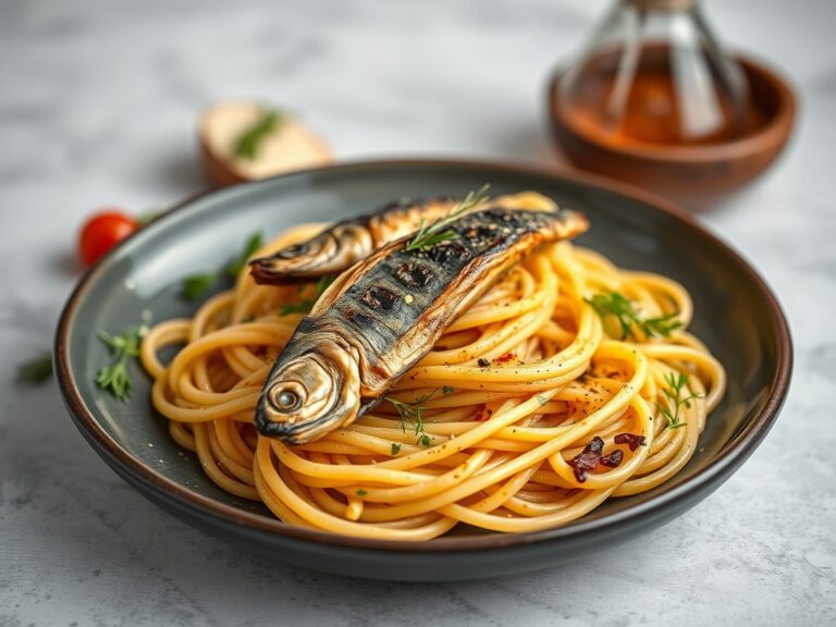 Heerlijke pasta met gegrilde sardines — AI-gegenereerde illustratie