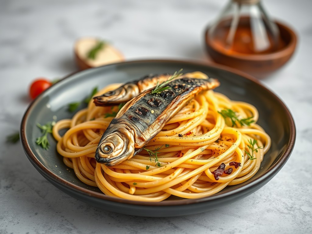 Heerlijke pasta met gegrilde sardines, AI-gegenereerde illustratie