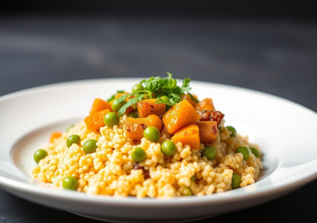 Herfst cous cous met pompoen en kikker erwten, AI-gegenereerde illustratie