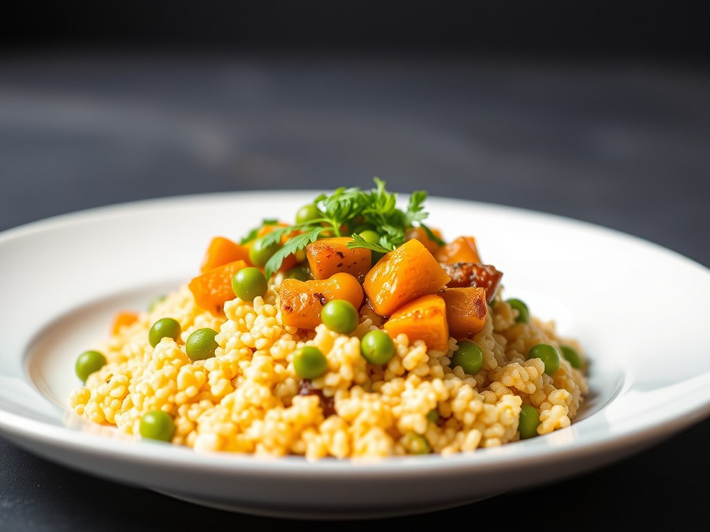Herfst cous cous met pompoen en kikker erwten, AI-gegenereerde illustratie