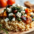 Herfst orzo met geroosterde groente, spinazie en gebakken feta