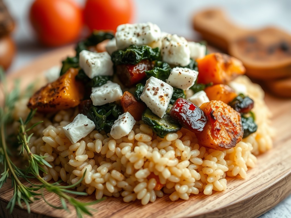 Herfst orzo met geroosterde groente, spinazie en gebakken feta, AI-gegenereerde illustratie