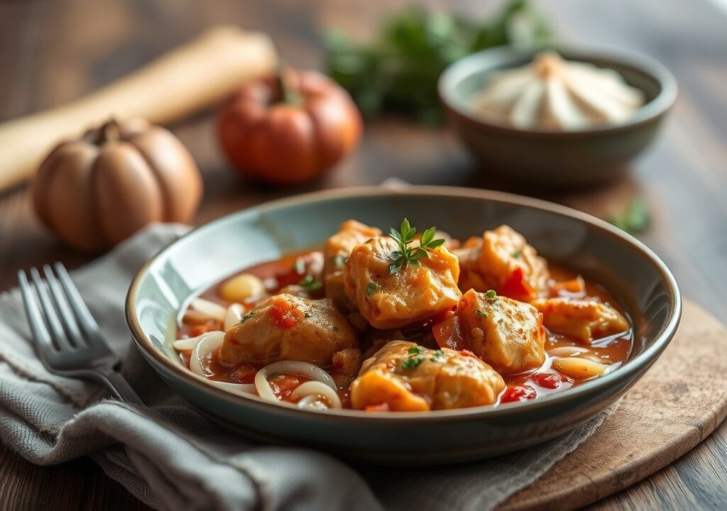 Herfstbestendige, pikante kip-goulash, AI-gegenereerde illustratie