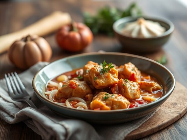 Herfstbestendige, pikante kip-goulash — AI-gegenereerde illustratie