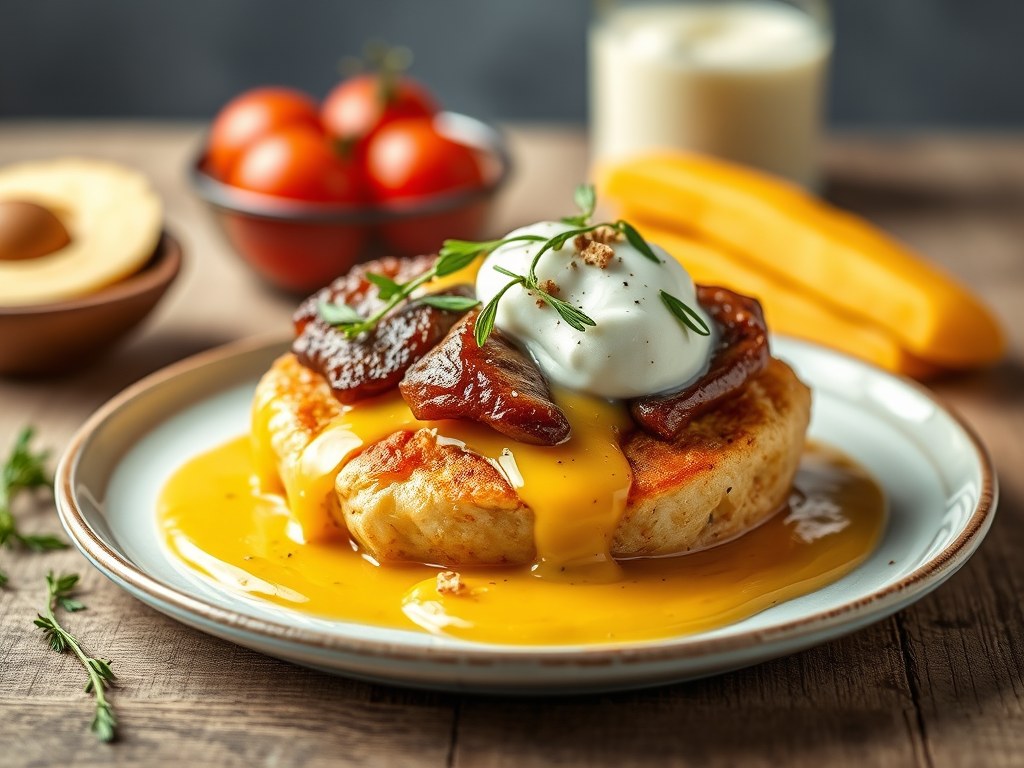 Hertenbiefstuk met wildsaus en waterkersmousseline, AI-gegenereerde illustratie