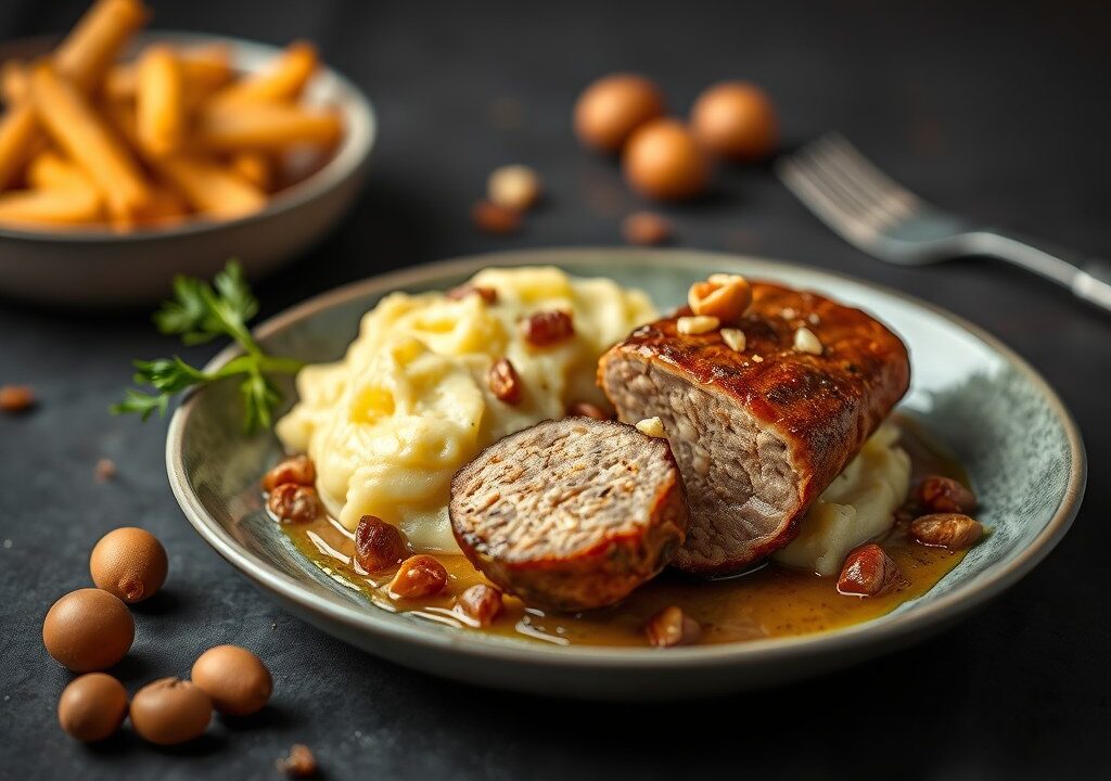 Hindefilet met noten, bospaddestoelen en zoete aardappelpuree, AI-gegenereerde illustratie
