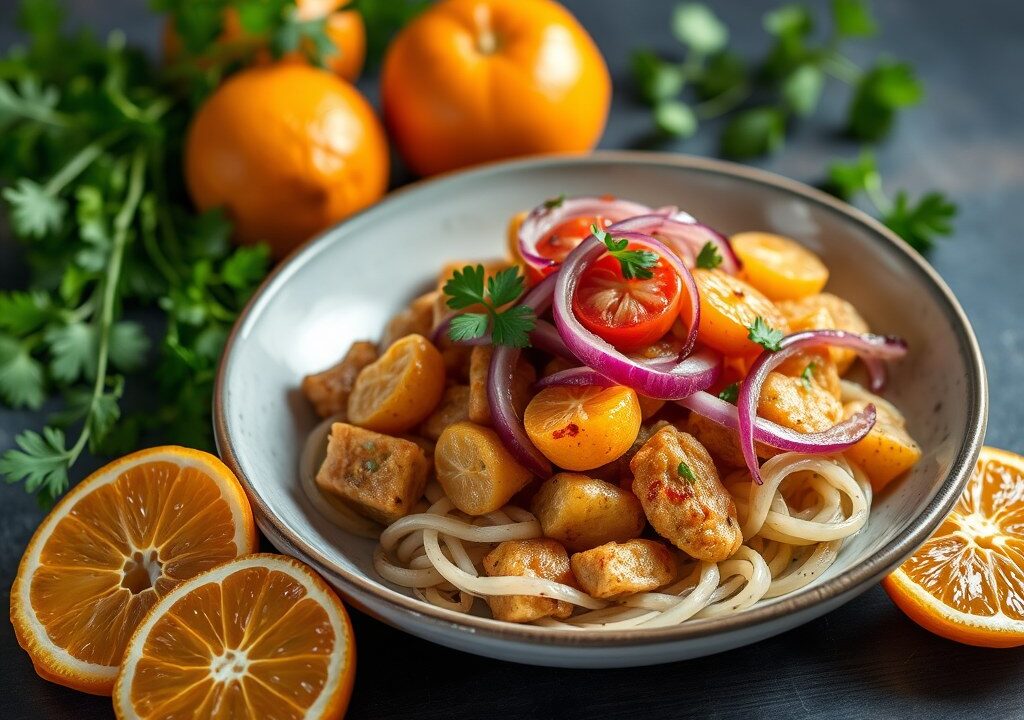 Hoevekalkoen met clementines en gekonfijte uien, knolselderblokjes — AI-gegenereerde illustratie