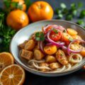 Hoevekalkoen met clementines en gekonfijte uien, knolselderblokjes