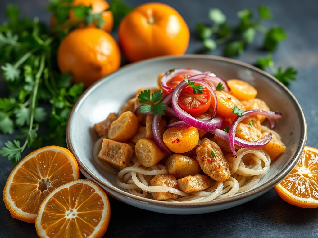 Hoevekalkoen met clementines en gekonfijte uien, knolselderblokjes, AI-gegenereerde illustratie