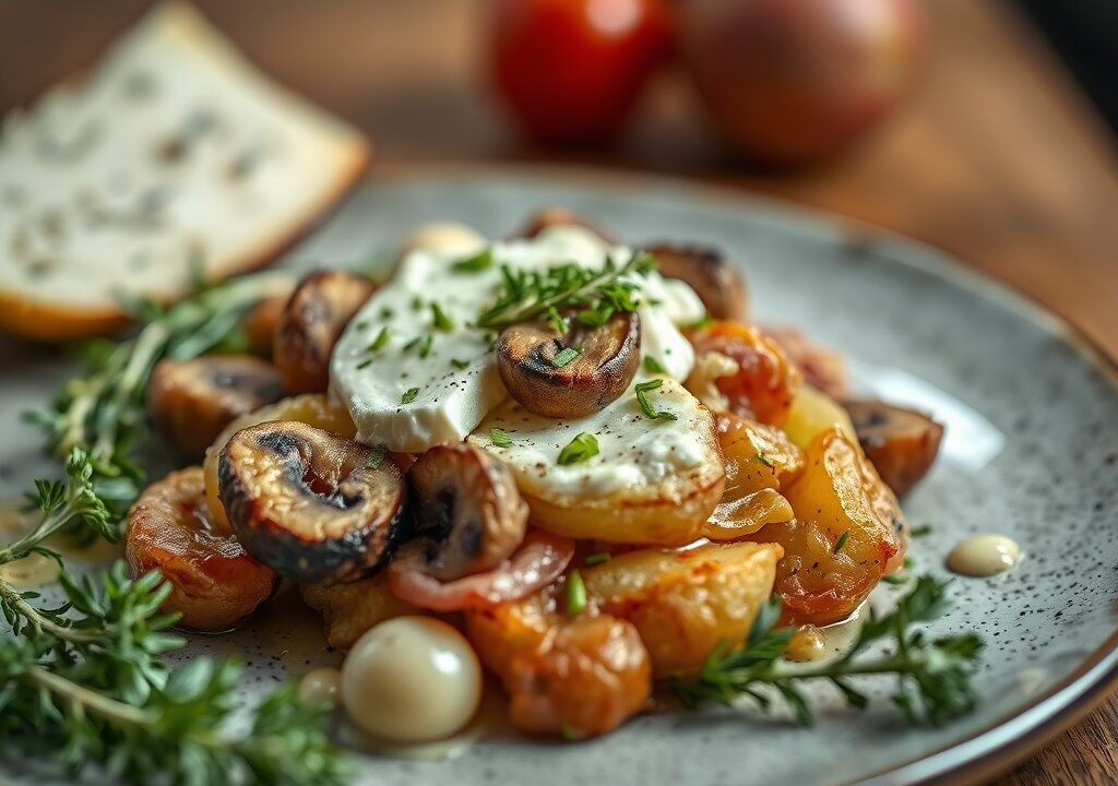 Hoevekip gevuld met geitenkaas, champignons en gedroogde ham, prei en stroaardappelen — AI-gegenereerde illustratie