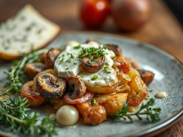 Hoevekip gevuld met geitenkaas, champignons en gedroogde ham, prei en stroaardappelen — AI-gegenereerde illustratie
