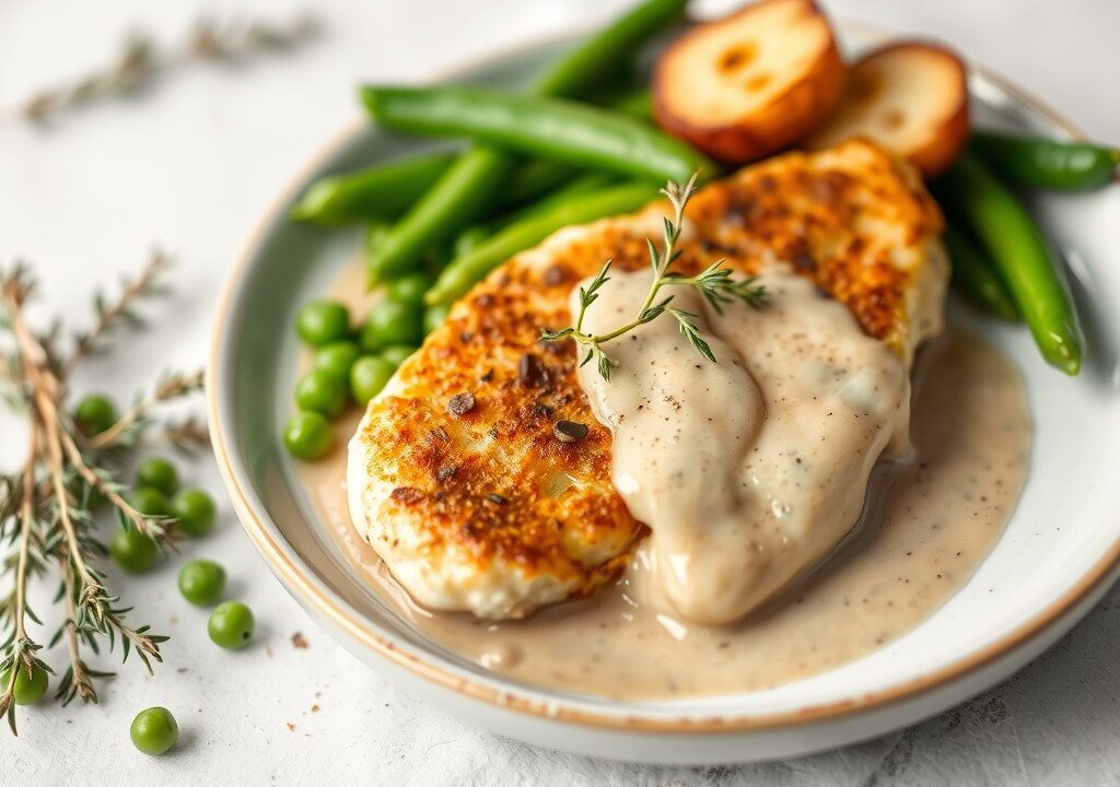 Hoevekipfilets met erwten, aardappelen en sjalot-tijmsaus, AI-gegenereerde illustratie