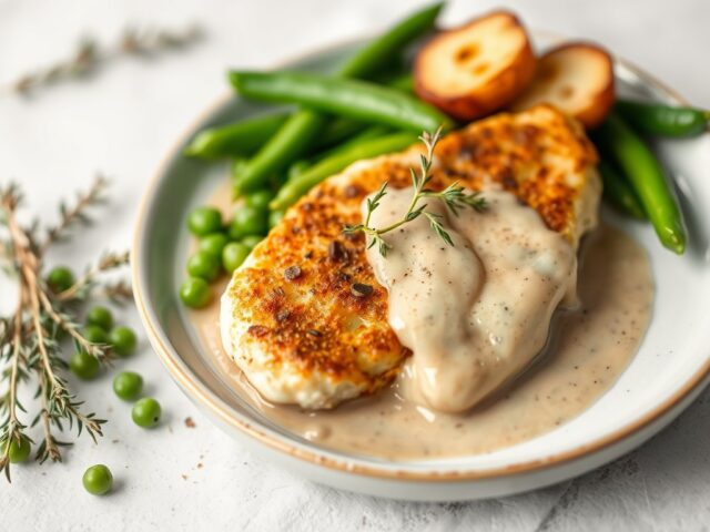 Hoevekipfilets met erwten, aardappelen en sjalot-tijmsaus — AI-gegenereerde illustratie