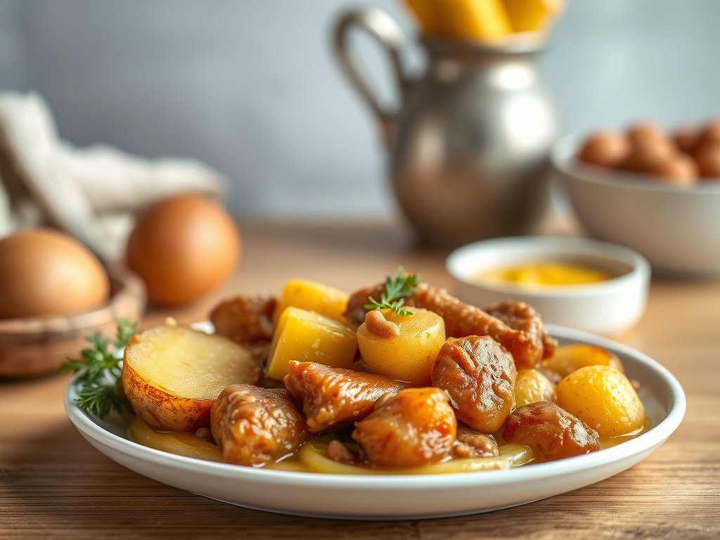 Hondshaai met kappertjes, kropsla en kasteelaardappelen, AI-gegenereerde illustratie