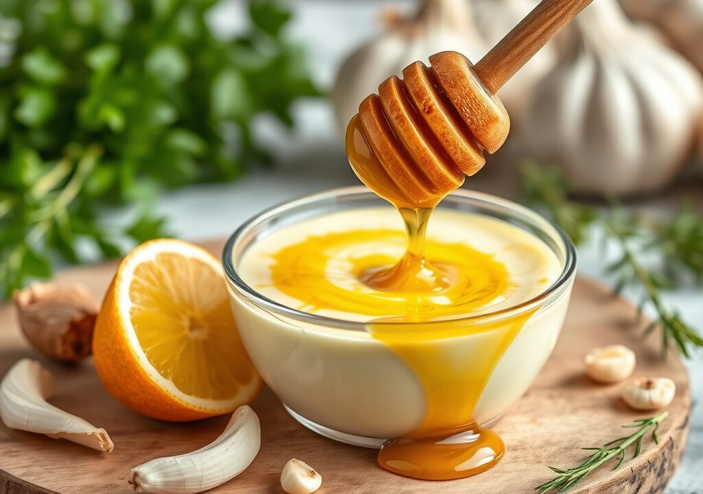 Honing-knoflook allioli (aioli) — AI-gegenereerde illustratie