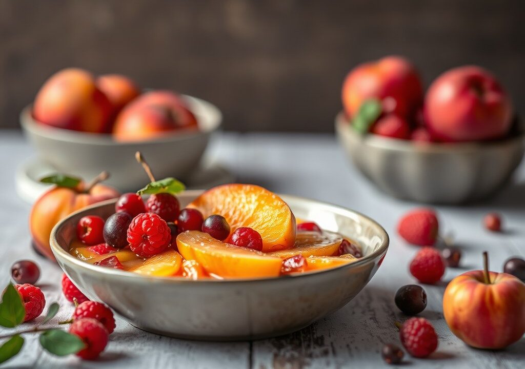 Hoogzomersoepje met nectarines en rode bessen — AI-gegenereerde illustratie