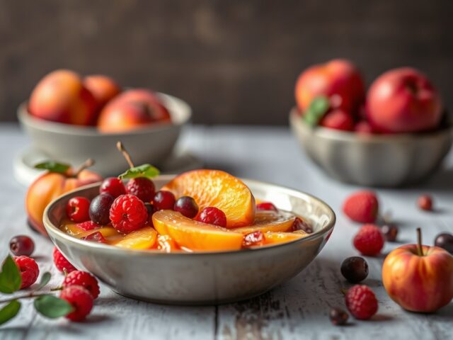 Hoogzomersoepje met nectarines en rode bessen — AI-gegenereerde illustratie