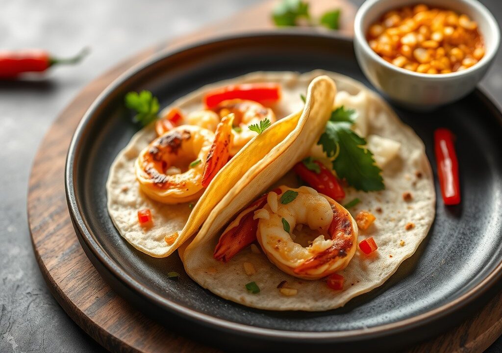 Hot tortillaflapjes met scampi, AI-gegenereerde illustratie
