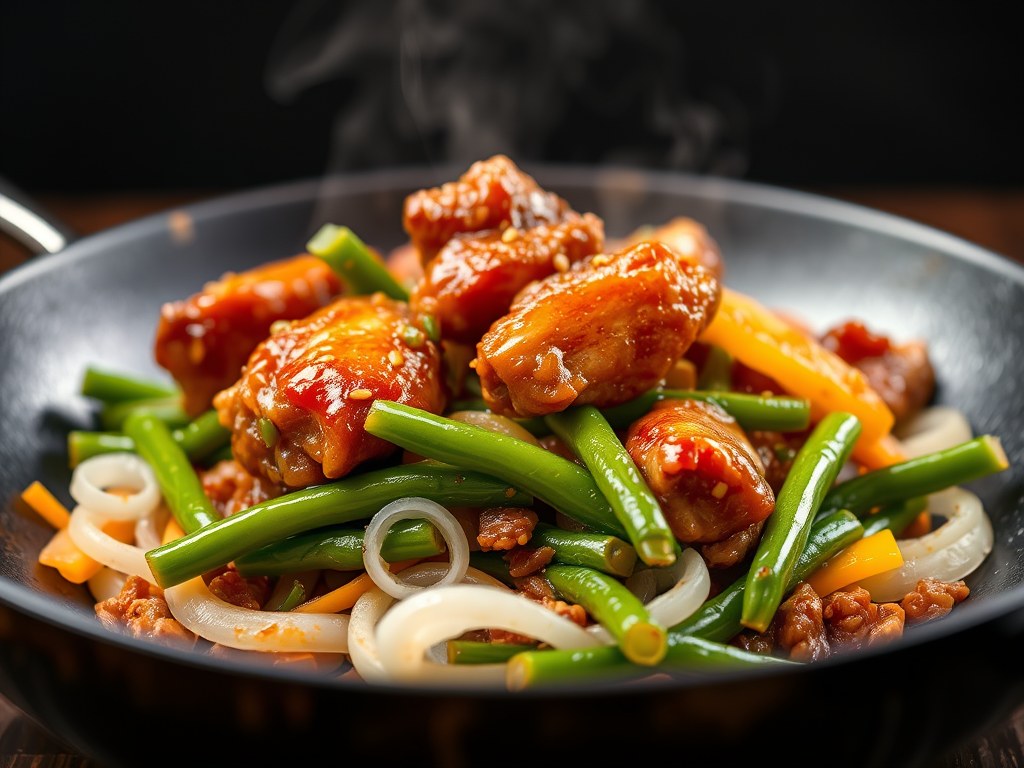 hot wings met chinese roerbakgroenten en sperziebonen, AI-gegenereerde illustratie